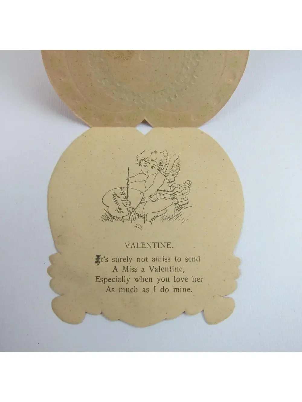 Vintage Valentine Card Diecut Blonde Cupid Target Red Heart Bullseye Blue Flower